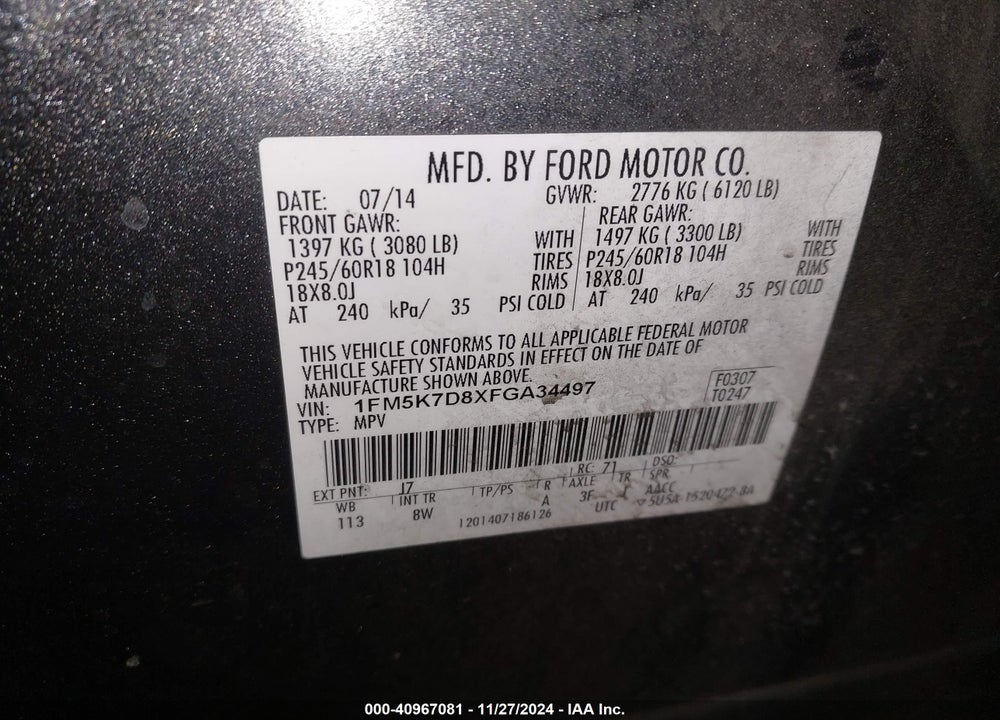 2015 FORD EXPLORER XLT VIN: 1FM5K7D8XFGA34497