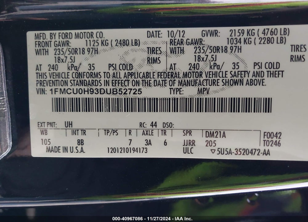2013 FORD ESCAPE SEL VIN: 1FMCU0H93DUB52725