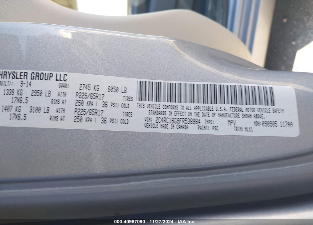 2015 CHRYSLER TOWN & COUNTRY TOURING VIN: 2C4RC1BG9FR538984