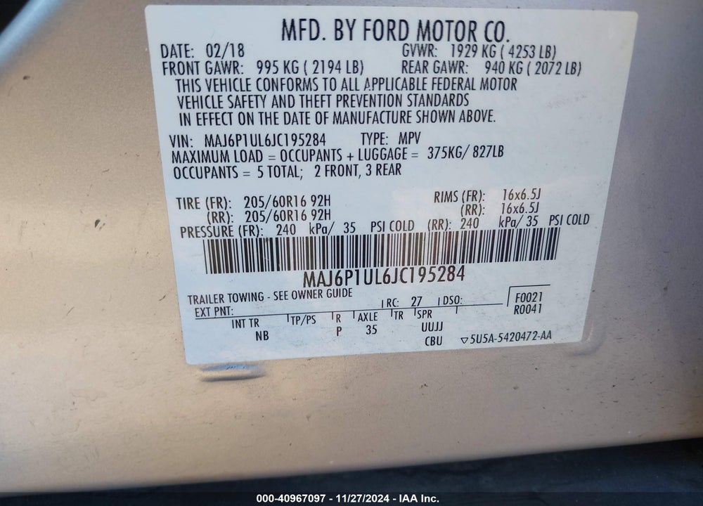 2018 FORD ECOSPORT SE VIN: MAJ6P1UL6JC195284