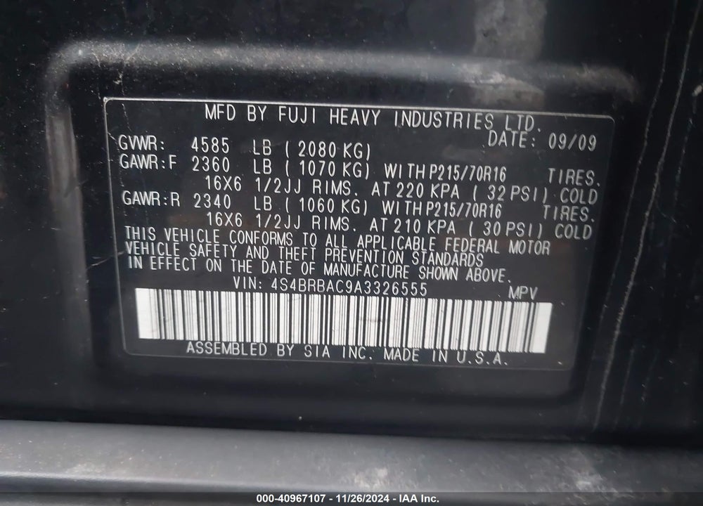 2010 SUBARU OUTBACK 2.5I VIN: 4S4BRBAC9A3326555