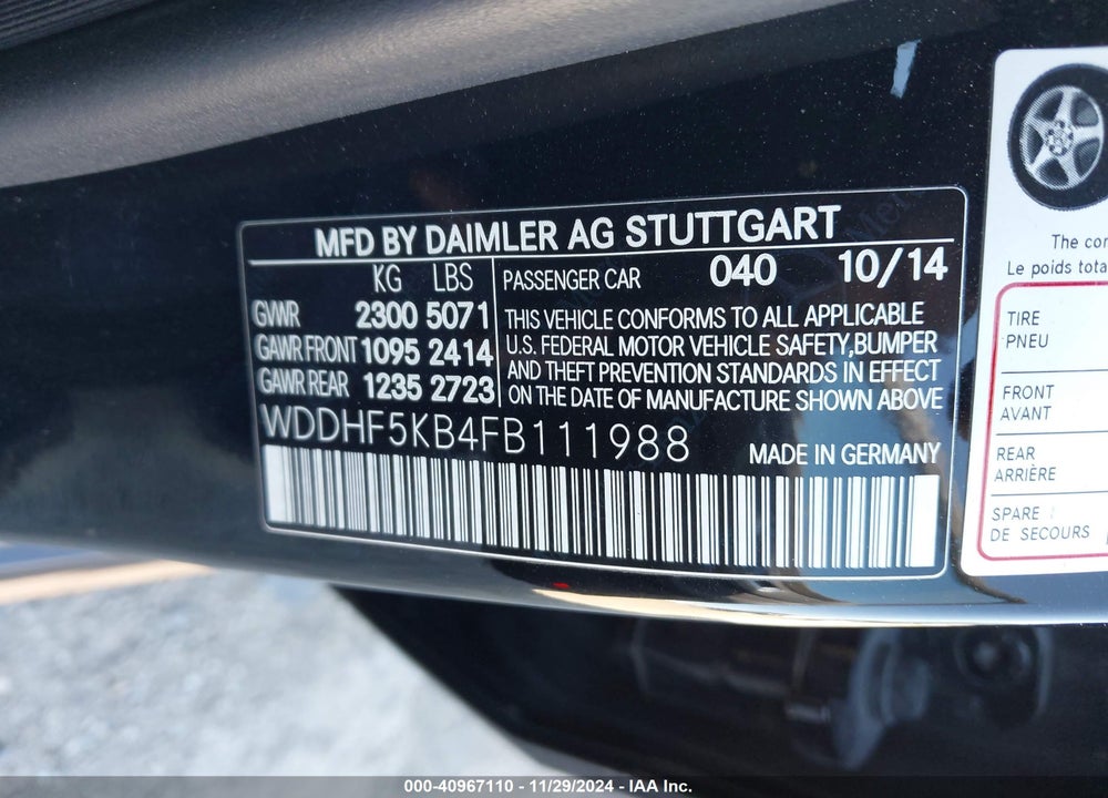 2015 MERCEDES-BENZ E 350 VIN: WDDHF5KB4FB111988