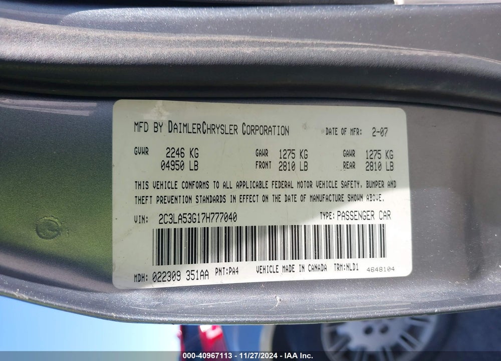 2007 CHRYSLER 300 TOURING VIN: 2C3LA53G17H777040