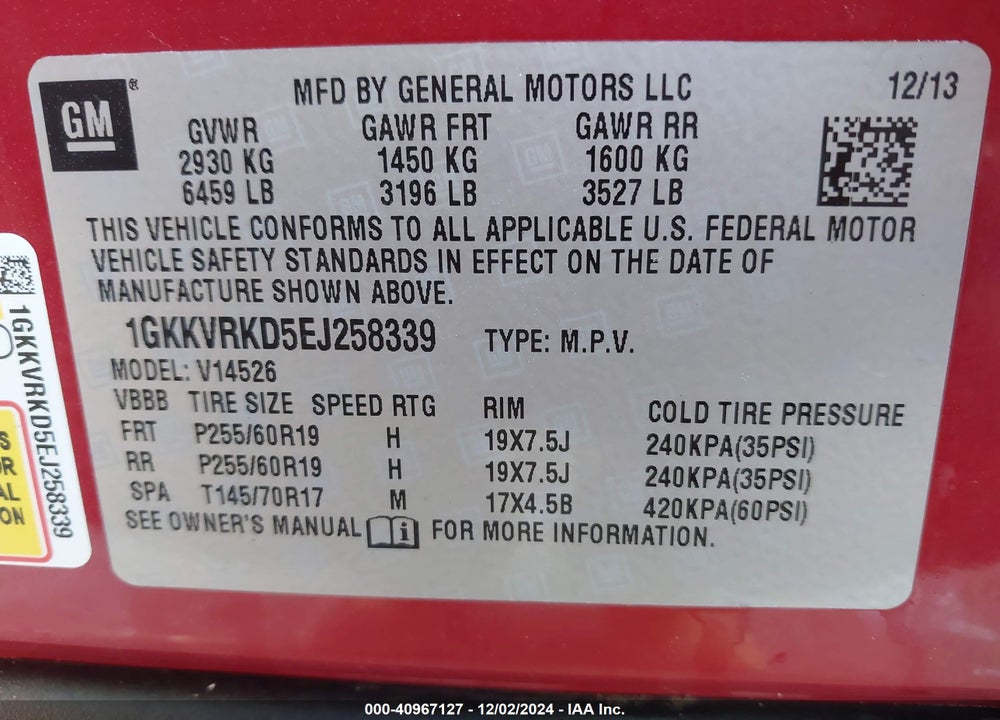 2014 GMC ACADIA SLT-1 VIN: 1GKKVRKD5EJ258339