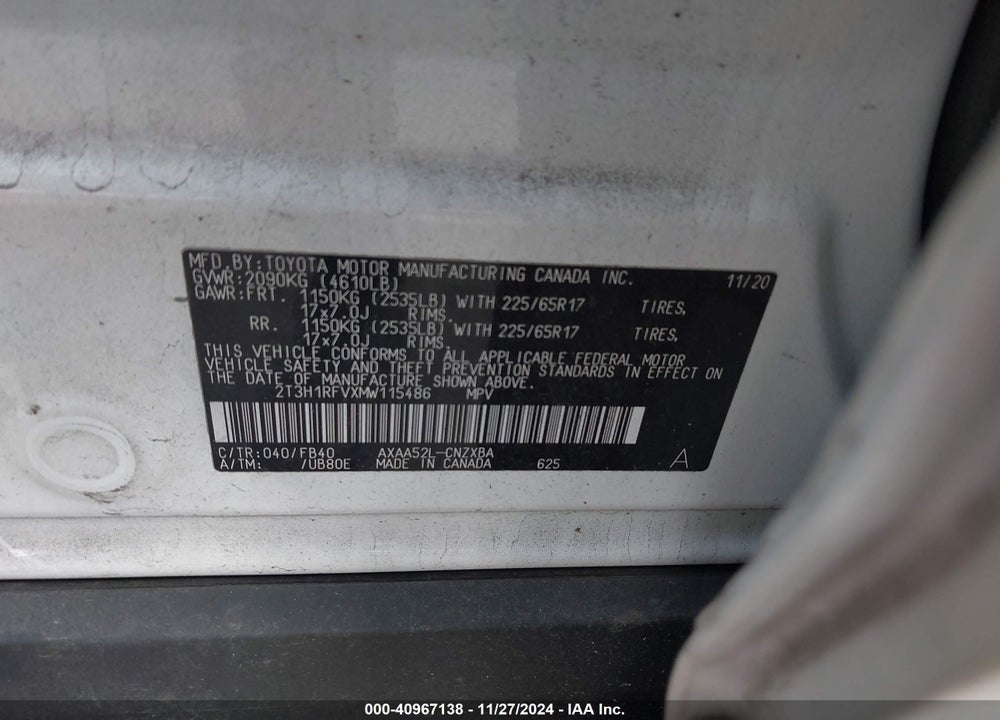 2021 TOYOTA RAV4 LE VIN: 2T3H1RFVXMW115486