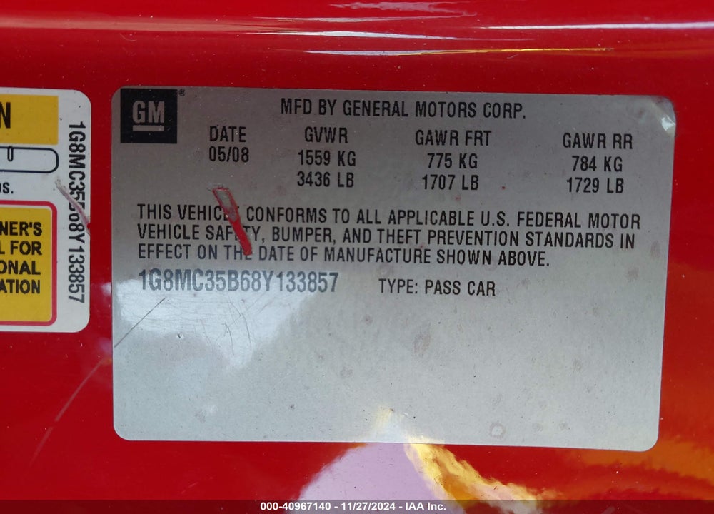 2008 SATURN SKY VIN: 1G8MC35B68Y133857
