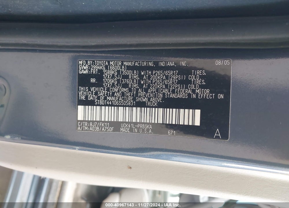 2006 TOYOTA TUNDRA SR5 V8 VIN: 5TBDT44106S505831