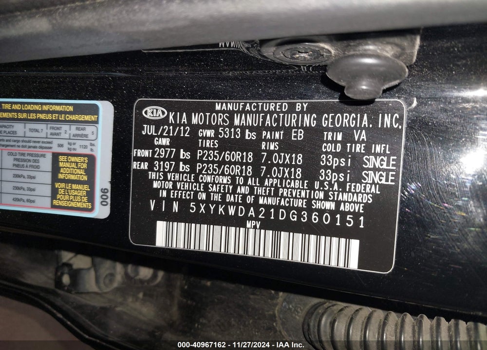 2013 KIA SORENTO SX V6 VIN: 5XYKWDA21DG360151