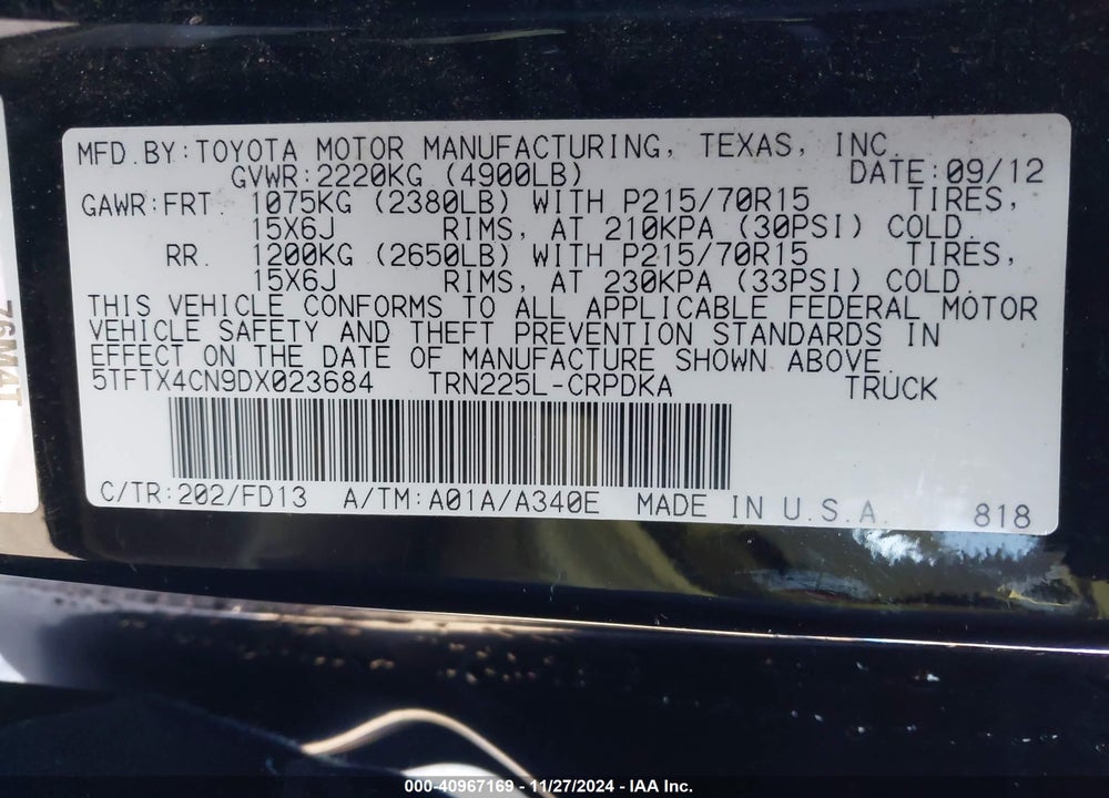 2013 TOYOTA TACOMA ACCESS CAB VIN: 5TFTX4CN9DX023684