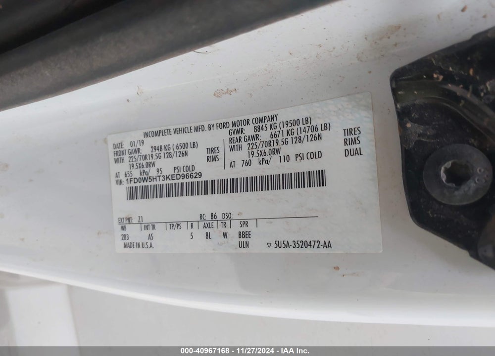 2019 FORD SUPER DUTY F-550 DRW XL VIN: 1FD0W5HT3KED96629