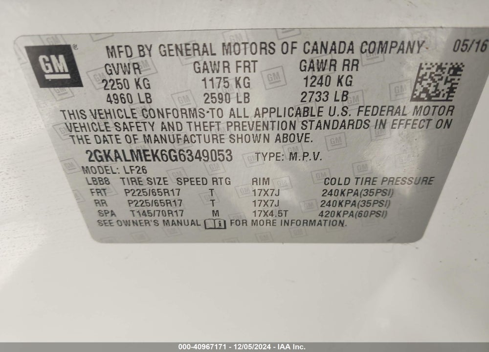 2016 GMC TERRAIN SLE-1 VIN: 2GKALMEK6G6349053