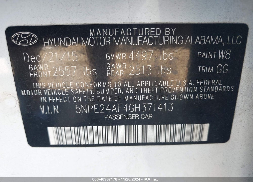 2016 HYUNDAI SONATA SE VIN: 5NPE24AF4GH371413