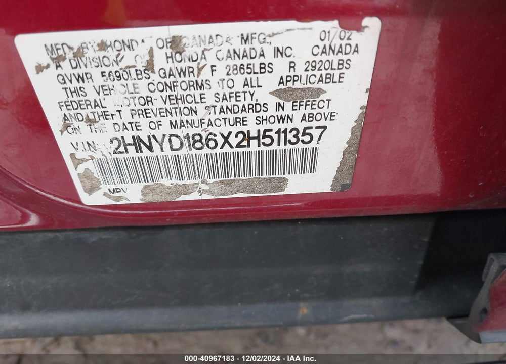 2002 ACURA MDX VIN: 2HNYD186X2H511357