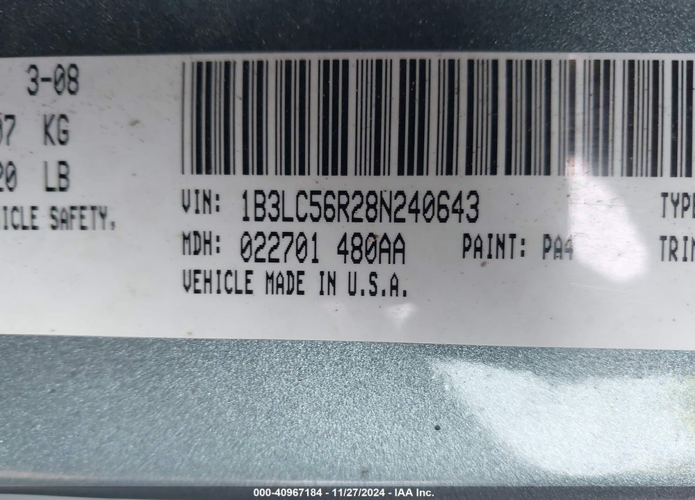 2008 AVENGER DODGE  SXT VIN: 1B3LC56R28N240643
