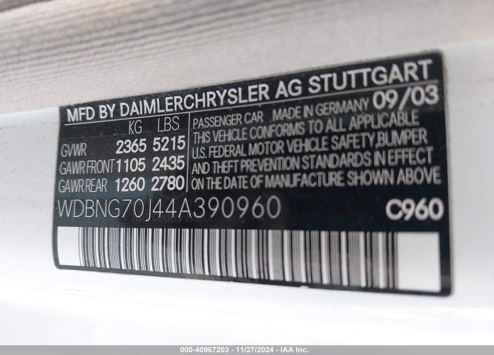 2004 MERCEDES-BENZ S-CLASS 4.3L VIN: WDBNG70J44A390960