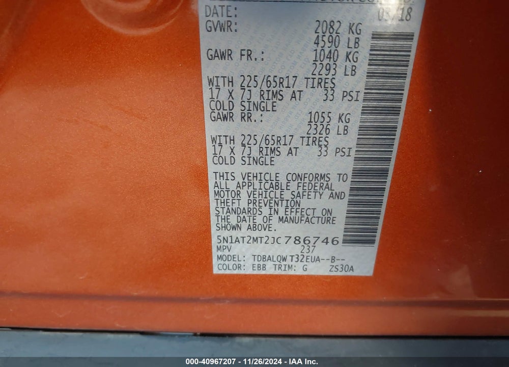 2018 NISSAN ROGUE SV VIN: 5N1AT2MT2JC786746