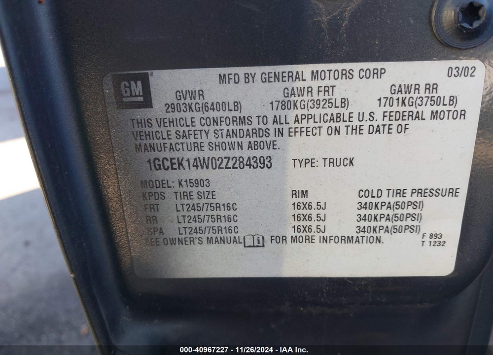 2002 CHEVROLET SILVERADO 1500 LS VIN: 1GCEK14W02Z284393