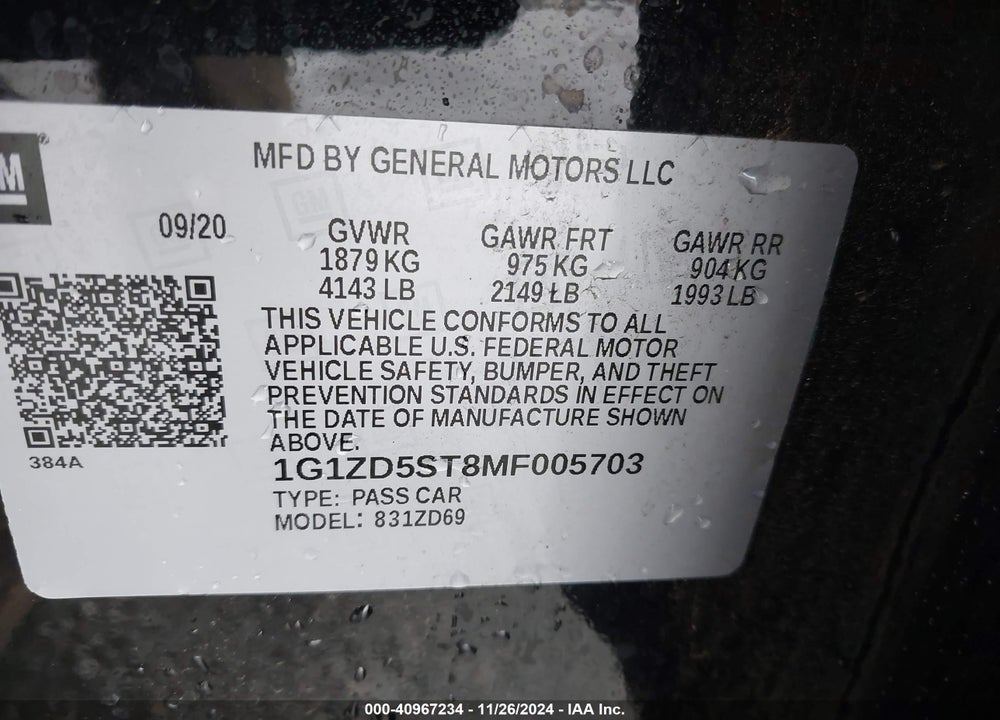 2021 CHEVROLET MALIBU FWD LT VIN: 1G1ZD5ST8MF005703