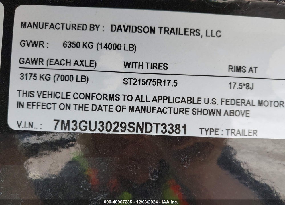 2025 DAVIDSON TRAILERS LLC STAGECOACH VIN: 7M3GU3029SNDT3381