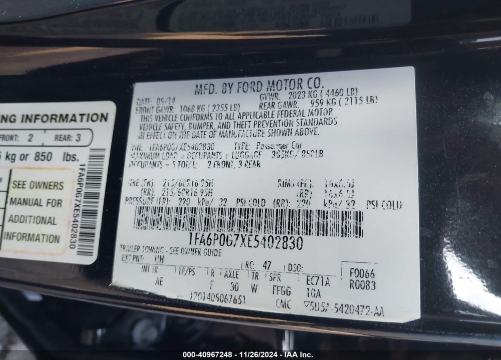 2014 FORD FUSION S VIN: 1FA6P0G7XE5402830
