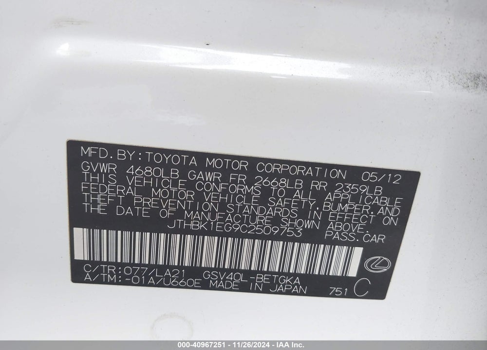 2012 LEXUS ES 350 VIN: JTHBK1EG9C2509753