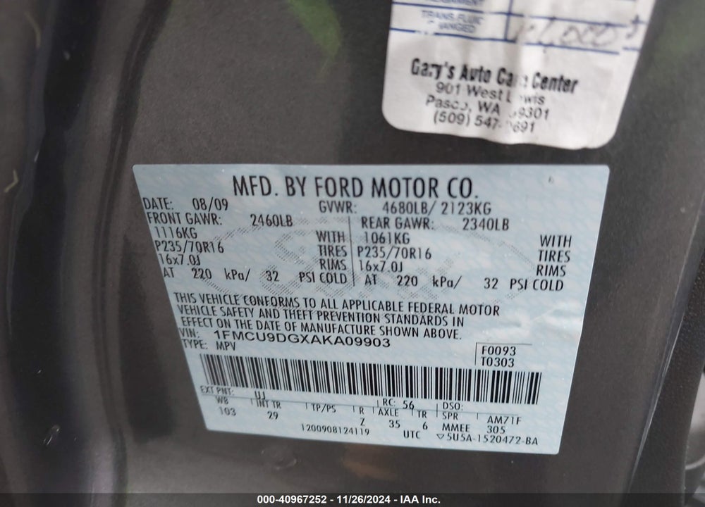 2010 FORD ESCAPE XLT VIN: 1FMCU9DGXAKA09903