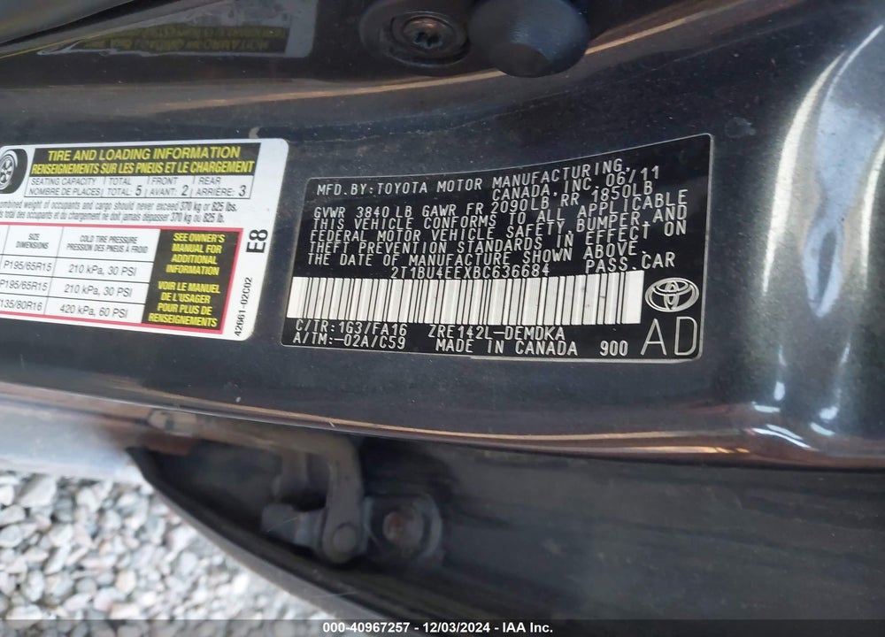 2011 TOYOTA COROLLA VIN: 2T1BU4EEXBC636684