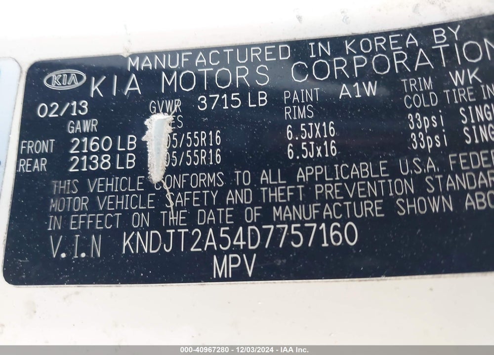 2013 KIA SOUL VIN: KNDJT2A54D7757160