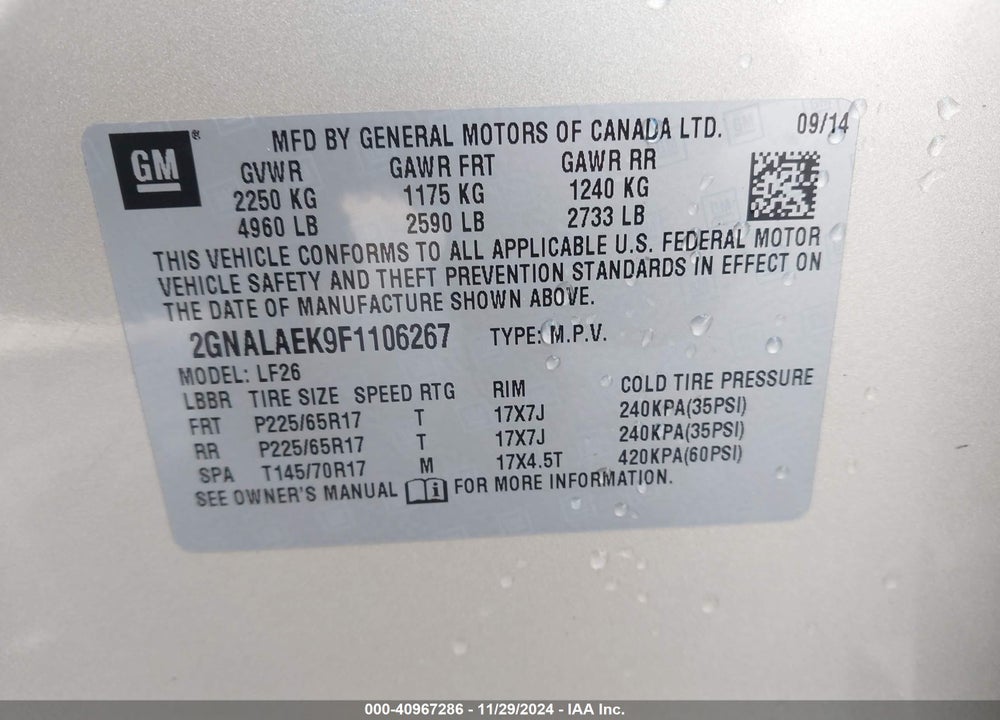 2015 CHEVROLET EQUINOX LS VIN: 2GNALAEK9F1106267