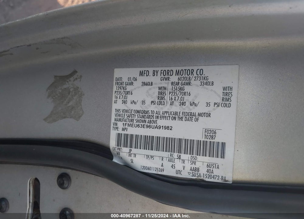 2006 FORD EXPLORER XLT VIN: 1FMEU63E96UA91982