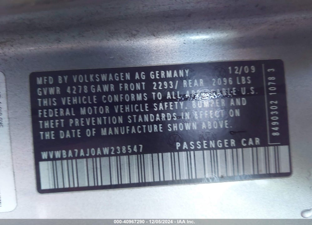 2010 VOLKSWAGEN GOLF 2-DOOR VIN: WVWBA7AJ0AW238547