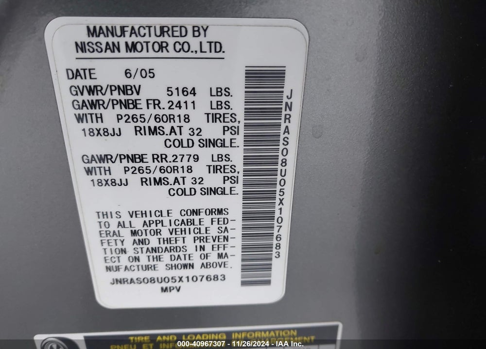 2005 INFINITI FX35 VIN: JNRAS08U05X107683
