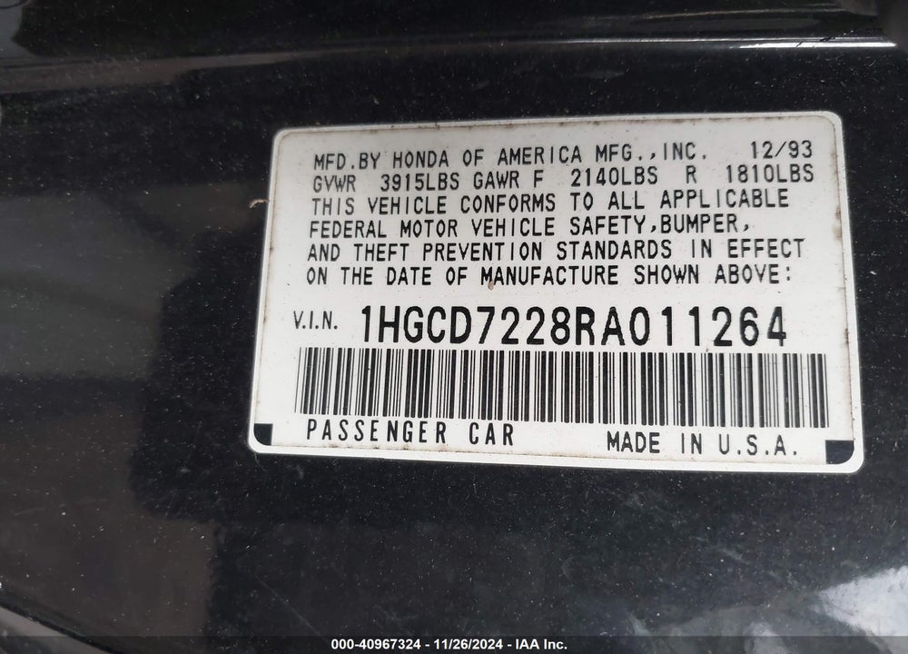 1994 HONDA ACCORD DX VIN: 1HGCD7228RA011264