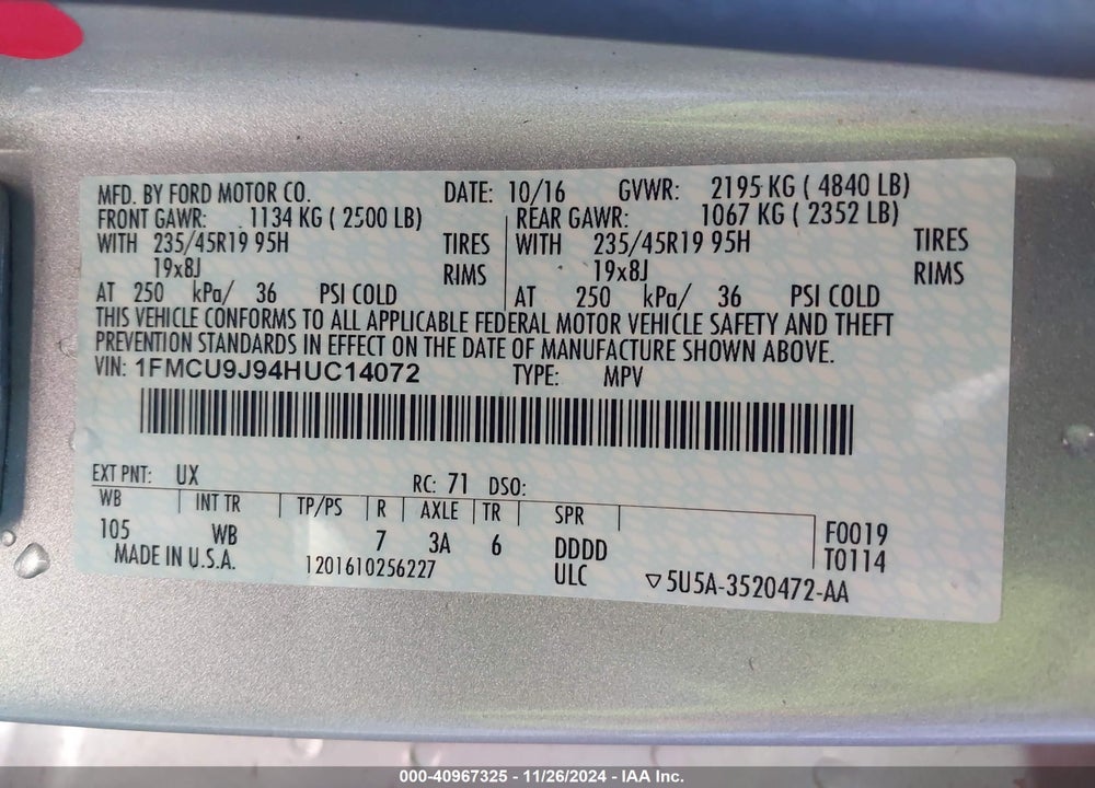 2017 FORD ESCAPE TITANIUM VIN: 1FMCU9J94HUC14072