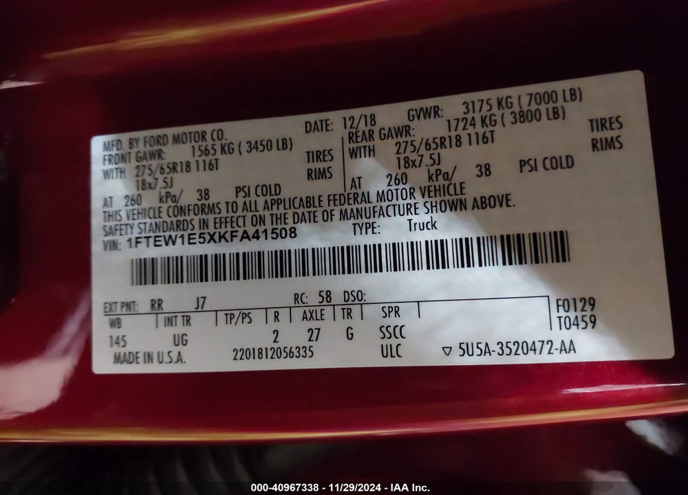 2019 FORD F-150 XLT VIN: 1FTEW1E5XKFA41508