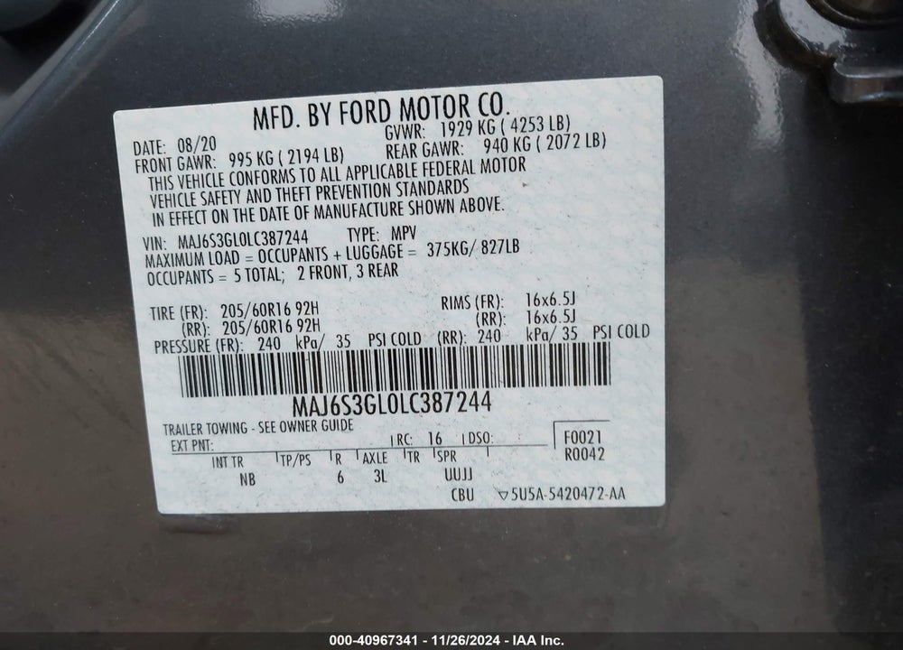 2020 FORD ECOSPORT SE VIN: MAJ6S3GL0LC387244