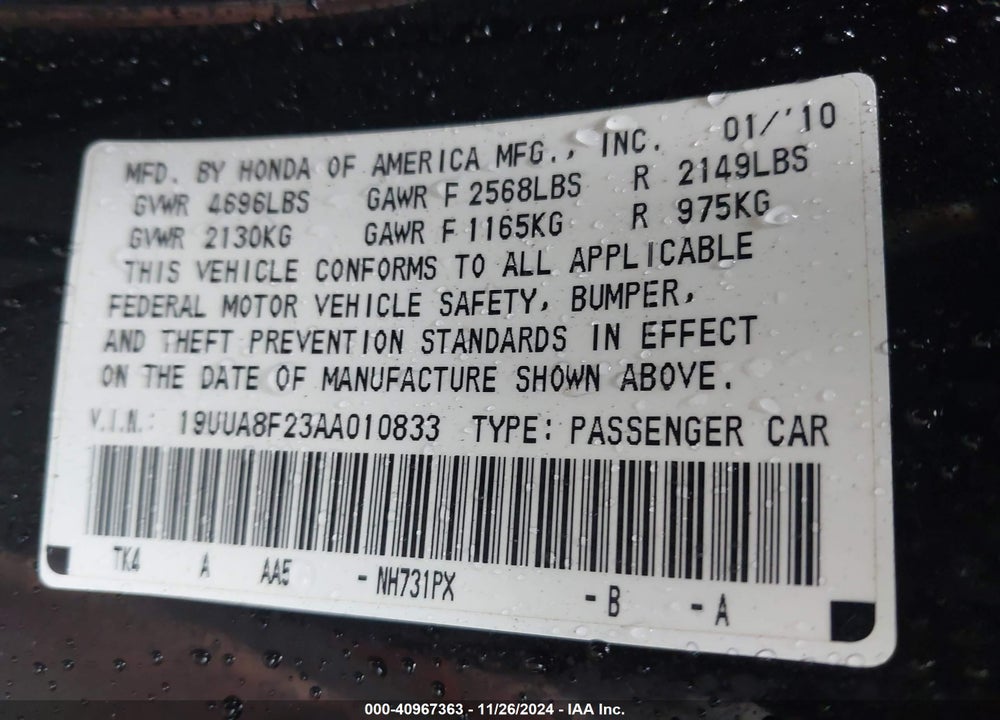 2010 ACURA TL 3.5 VIN: 19UUA8F23AA010833