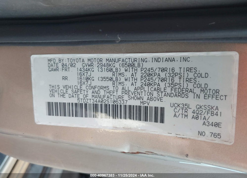 2002 TOYOTA SEQUOIA SR5 V8 VIN: 5TDZT34A02S106337
