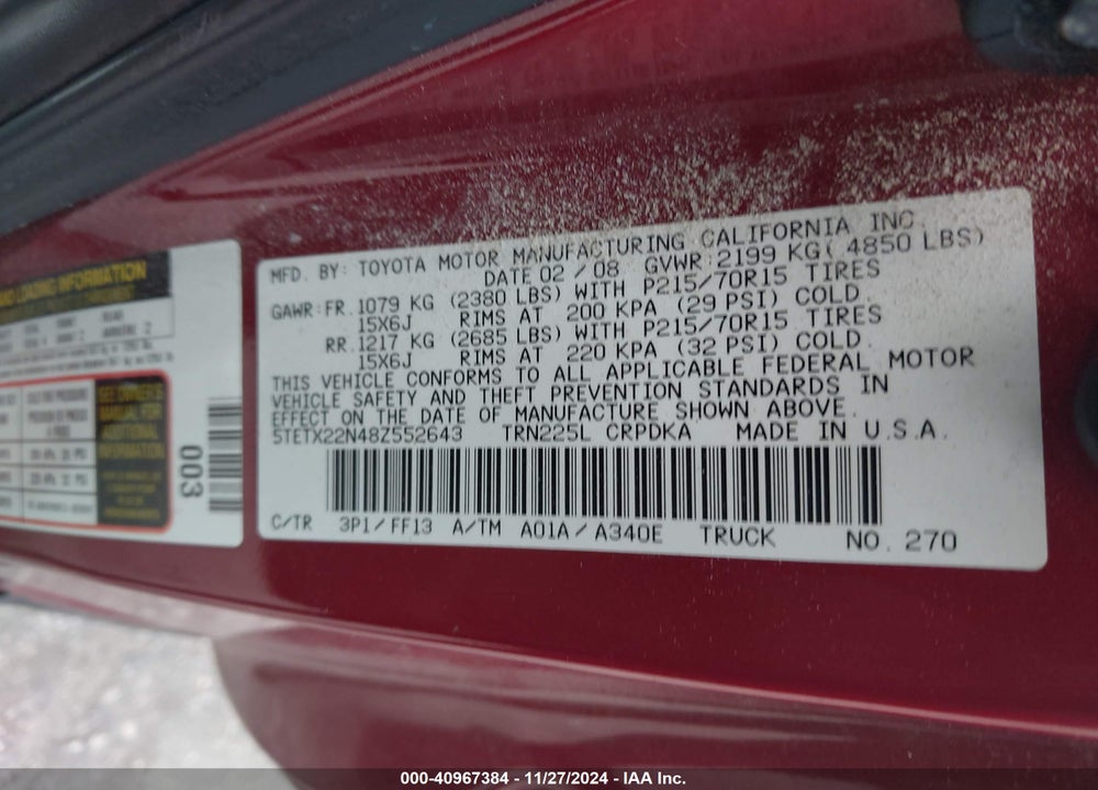 2008 TOYOTA TACOMA VIN: 5TETX22N48Z552643