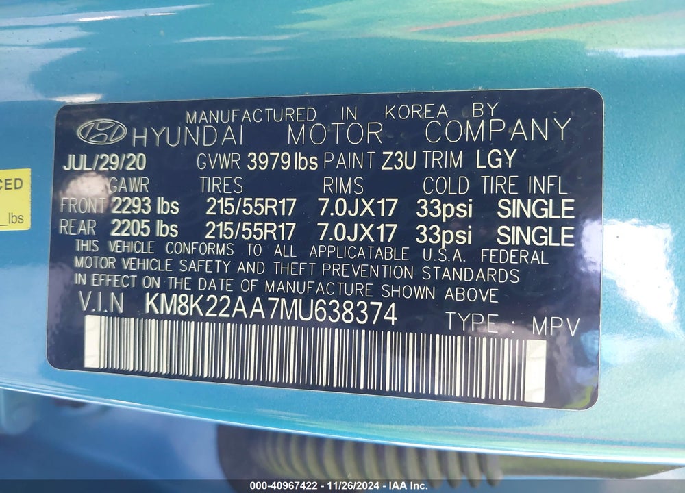 2021 HYUNDAI KONA SEL VIN: KM8K22AA7MU638374