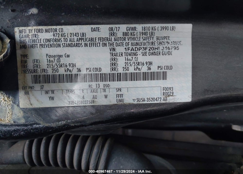 2017 FORD FOCUS VIN: 1FADP3F20HL316795