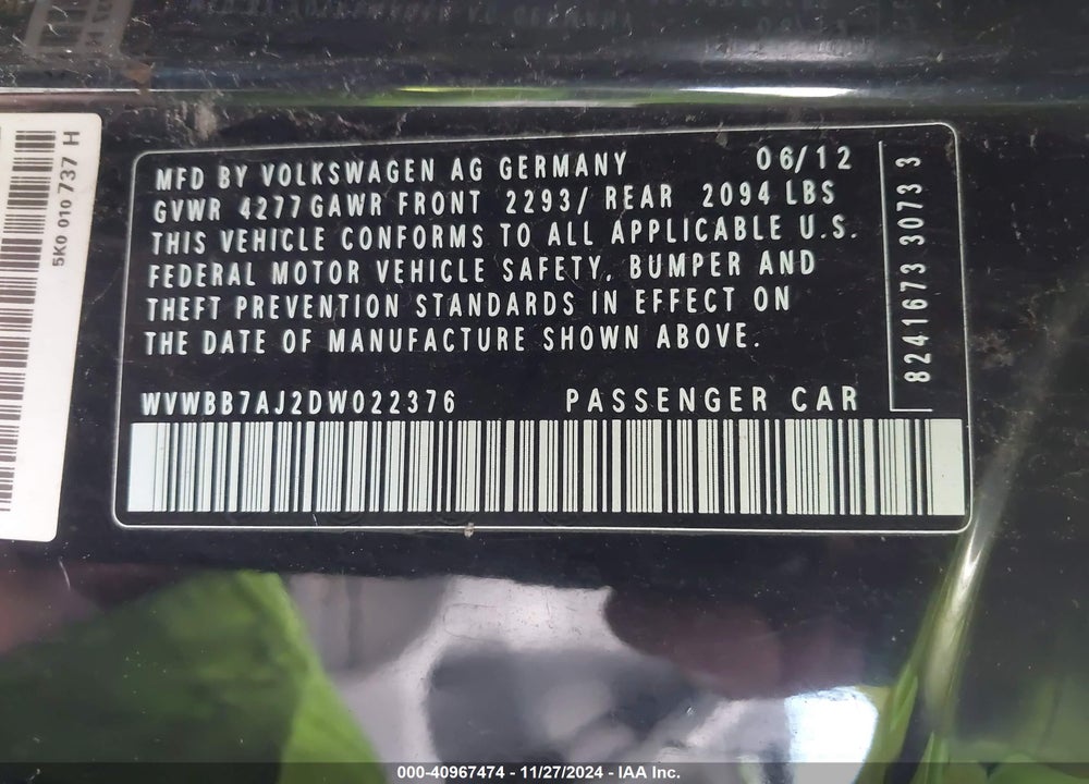 2013 VOLKSWAGEN GOLF 2.5L 2-DOOR VIN: WVWBB7AJ2DW022376