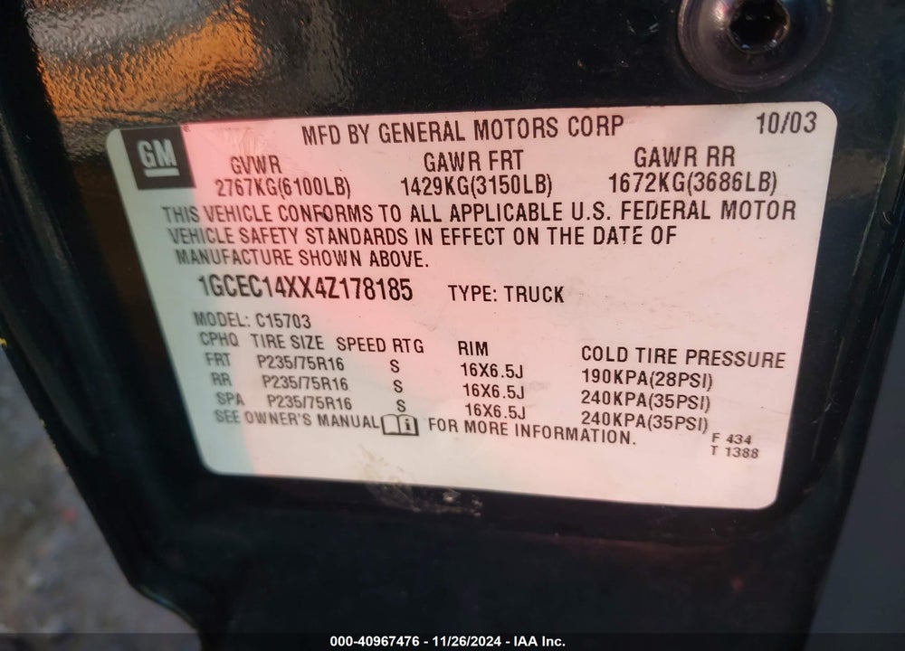 2004 CHEVROLET SILVERADO 1500 WORK TRUCK VIN: 1GCEC14XX4Z178185