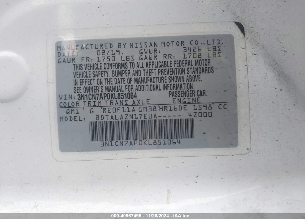 2019 NISSAN VERSA 1.6 S+ VIN: 3N1CN7AP0KL851064