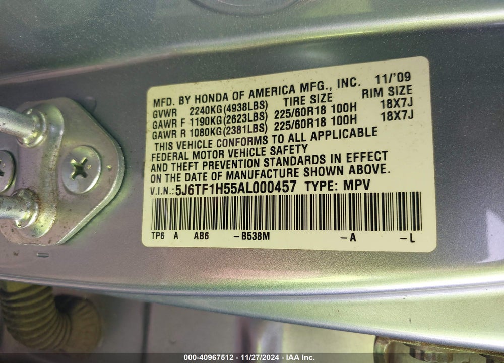 2010 HONDA ACCORD CROSSTOUR EX-L VIN: 5J6TF1H55AL000457