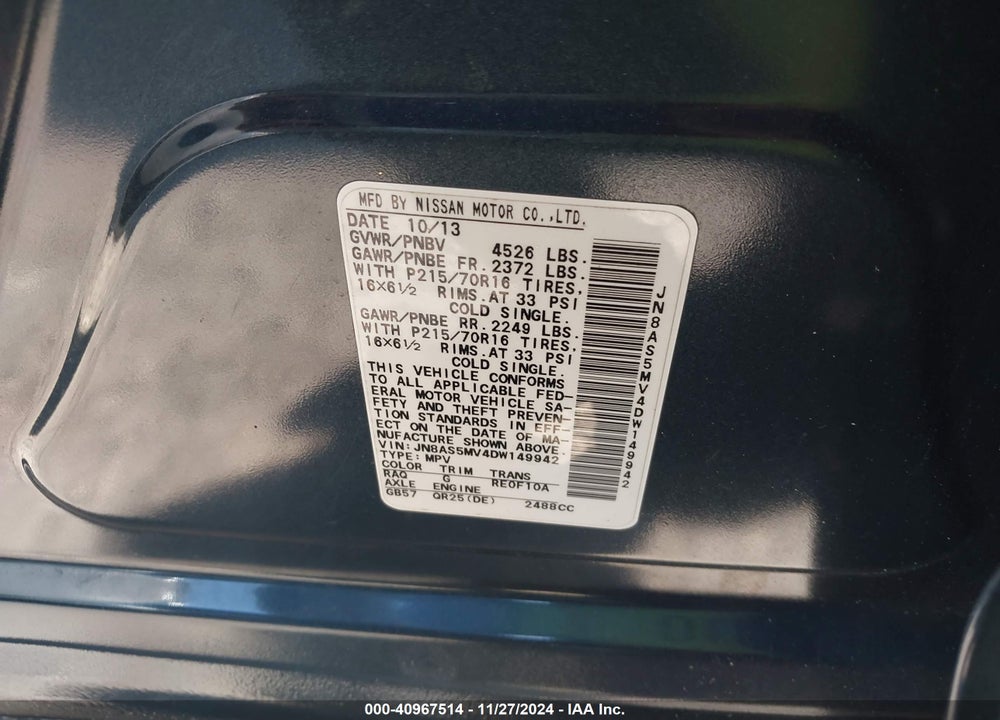 2013 NISSAN ROGUE S VIN: JN8AS5MV4DW149942