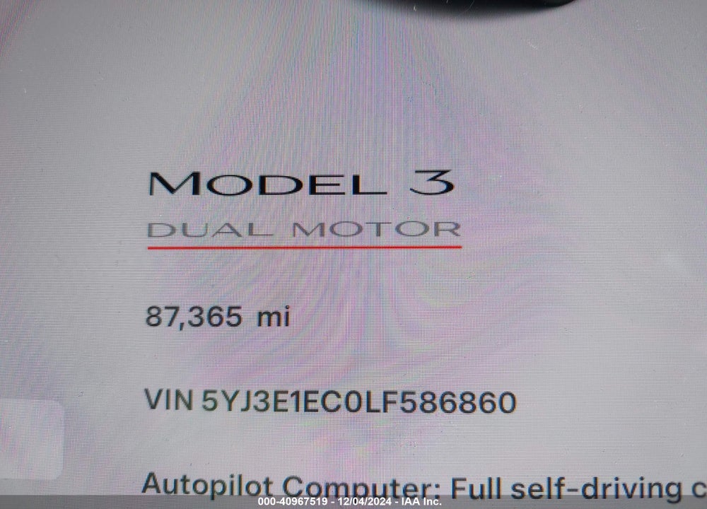 2020 TESLA MODEL 3 PERFORMANCE DUAL MOTOR ALL-WHEEL DRIVE VIN: 5YJ3E1EC0LF586860