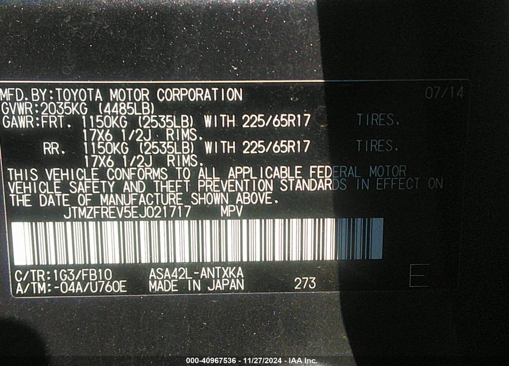 2014 TOYOTA RAV4 VIN: JTMZFREV5EJ021717