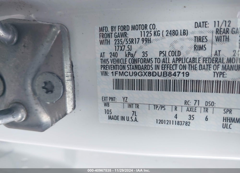 2013 FORD ESCAPE SE VIN: 1FMCU9GX8DUB84719