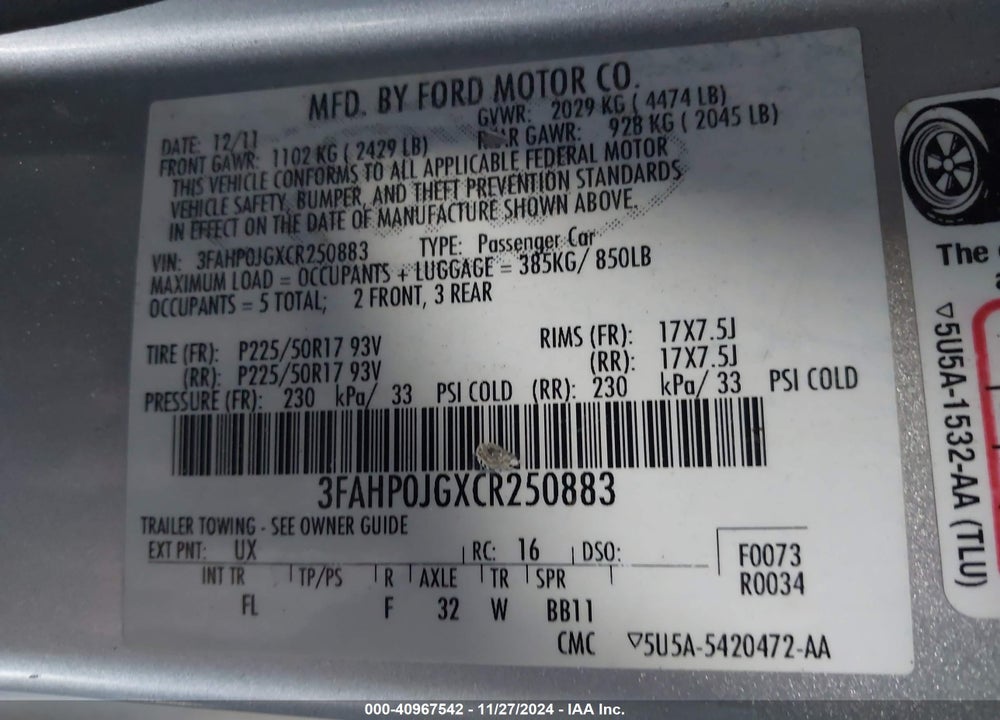 2012 FORD FUSION SEL VIN: 3FAHP0JGXCR250883